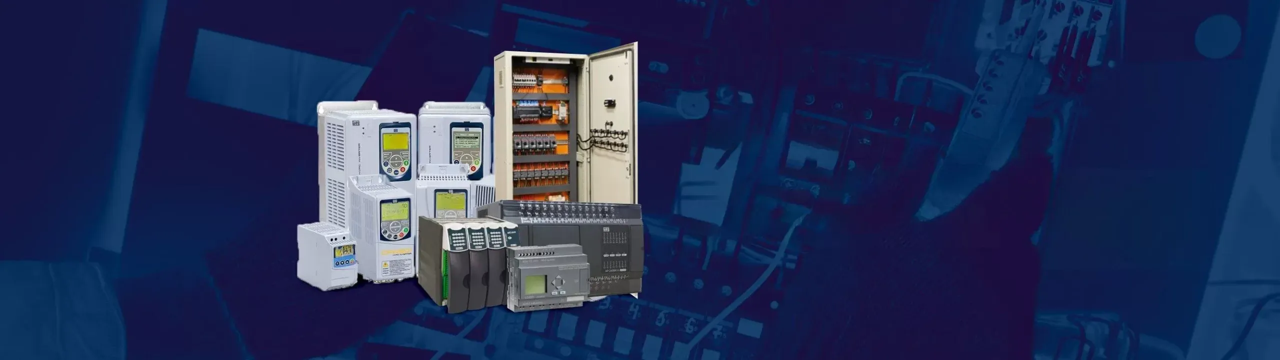 Ilustração de equipamentos de acionamento industrial: inversores de frequência, controlador lógico programável e quadro de comando — os equipamentos com que a Elétrica Oeste trabalha.