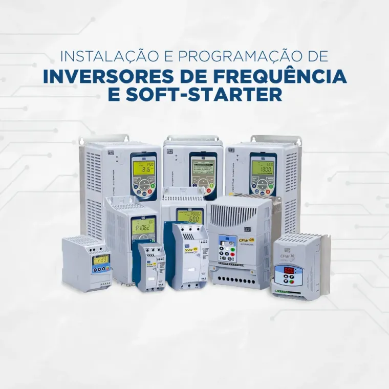 Peça ilustrativa com inversores de frequência e soft-starters — equipamentos que a Elétrica Oeste instala, parametriza e mantém.